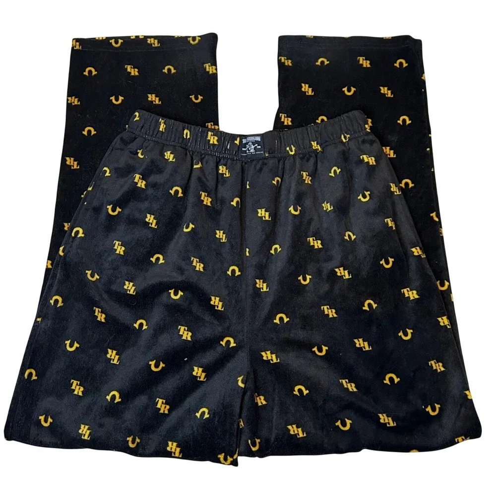 True‎ Religion Mens Fleece Lounge Pajama Pants Black Yellow Monogram Logo Large